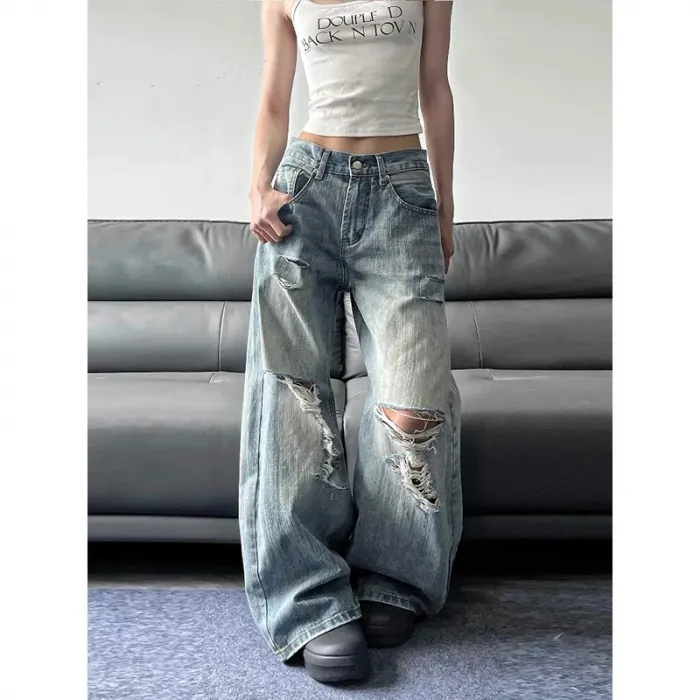 UNISEX RIPPED ICY BLUE BAGGY JEANS