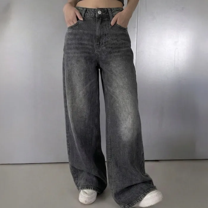 UNISEX - WASHED ASH GRAY SUPER BAGGY JEANS